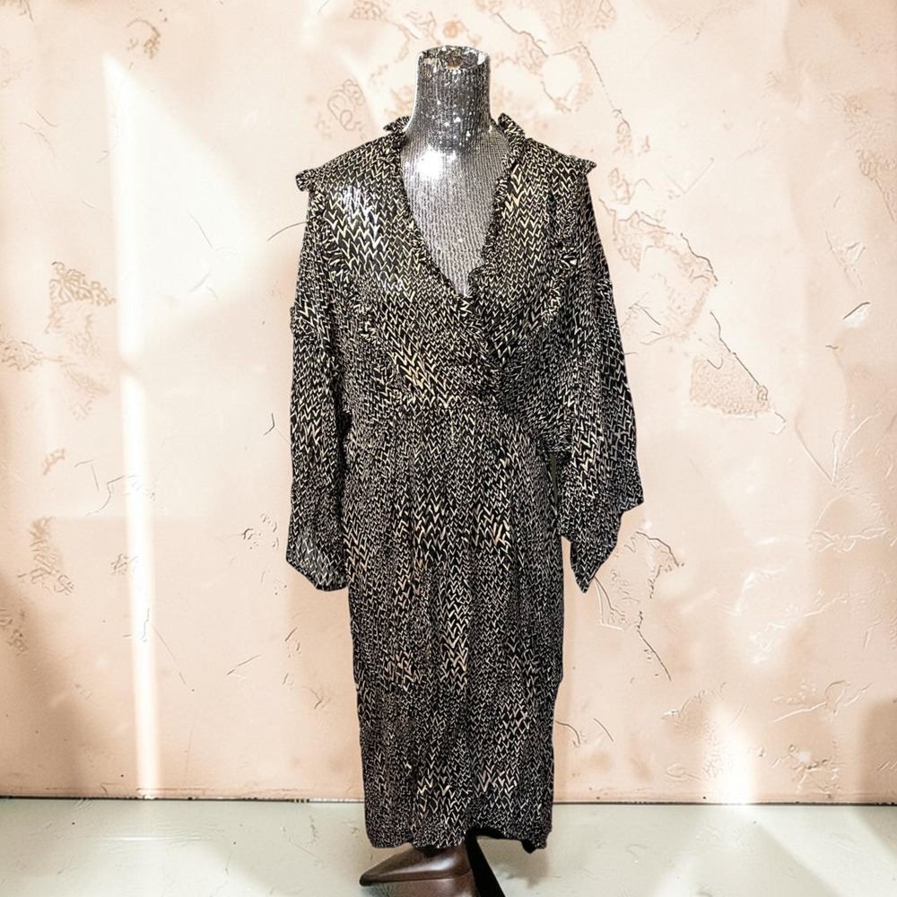 Adrianna Papell Silk Sheer Dress Size 12 Black Beige‎ Animal Print Long Sleeve